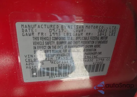 2017 Nissan Sentra Sv from USA, damaged, VIN 3N1AB7AP1HY404478